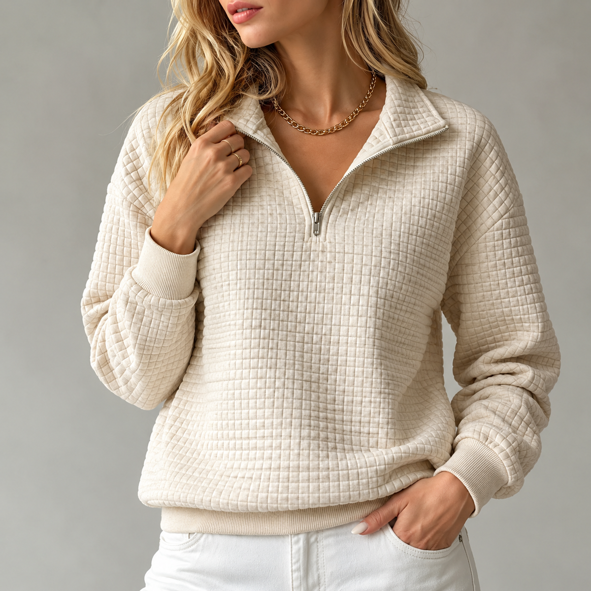 Waffle-Knit Quarter-Zip Sweatshirt