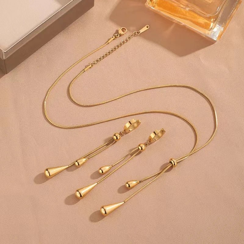 Adjustable Pull Droplet Lariat Necklace and Earrings
